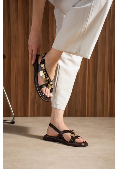 Duxal Shoes Greta Kadın Boncuklu Parmak Arası Sandalet Rahat Taban Acıkahve