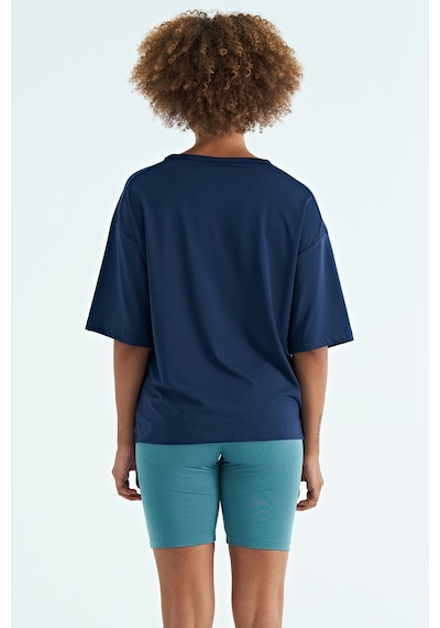 Tommy Life İndigo O Yaka Baskı Detaylı Oversize Kısa Kol Kadın T-shirt - 97263 Indigo