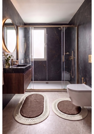 Banyo Paspası Takımı 60x100+60x60 Cm İç Trikot Mouss Kahve & Krem