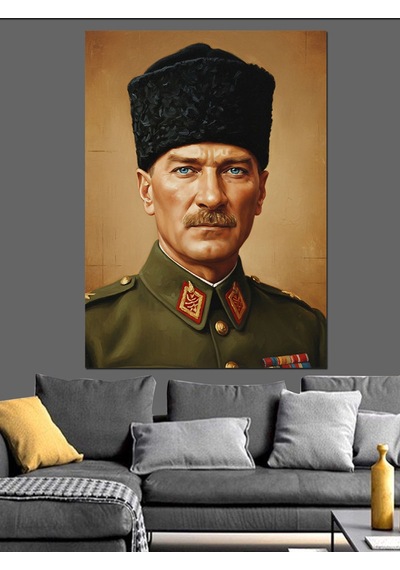 Asker Üniformalı Atatürk Portresi Dekoratif Kanvas - Mdf Ahşap Tablo