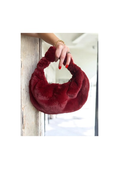 Plush Studıo Istanbul Puff Pouch Mini Kol Çantası, Tavşan Tüyü Peluş Çanta Bordo Bordo