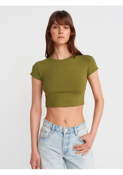 Dilvin 31810 Bisiklet Yaka Crop T-shirt-yağ Yeşil Yağ Yeşil