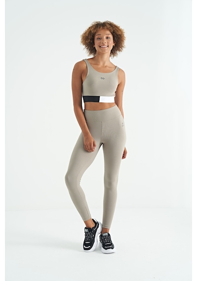 Tommy Life Zeytin Yeşil Renk Bloklu Logo Baskılı Dar Kalıp Fitilli Kadın Büstiyer - 97275 Yeşil
