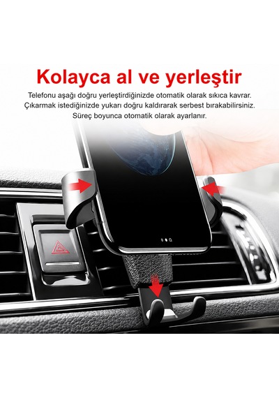 Araç İçi Otomatik Telefon Tutucu Havalandırma Izgarası Uyumlu + Numaratör li Siyah