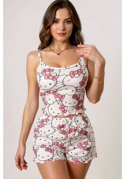 Cojans Hello Kitty Baskılı Askılı Şortlu Pijama Çok Renkli