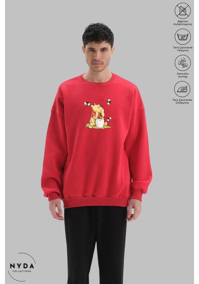 Unisex Uzun Kollu Winnie The Pooh Baskılı Bisiklet Yaka Kapüşonsuz Şardonlu Oversize Sweatshirt Kırmızı