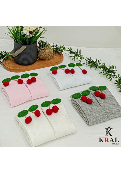 Kral Socks Kız Çoçuk Çorap Kiraz Desenli Renkli Pamuklu Okul Çorabı