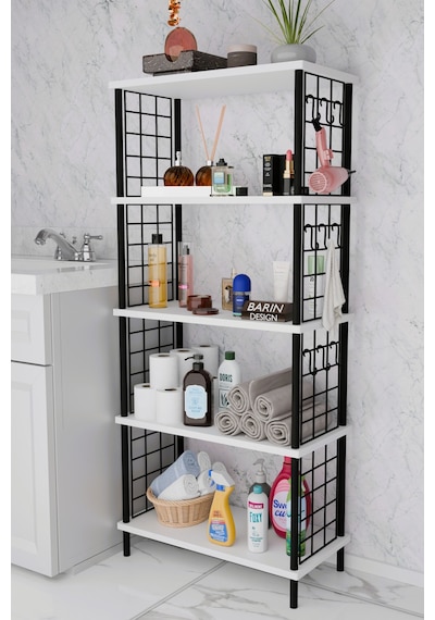 5 Raflı Çevir-kur Raf Ünitesi Telli Metal Gövdeli Organizer Banyo, Mutfak, Balkon, Antre Uyumlu Beyaz