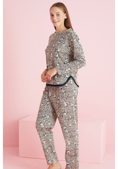 Siyah İnci Biyeli Örme Pijama Takım 7776 Krem Siyah Leopar
