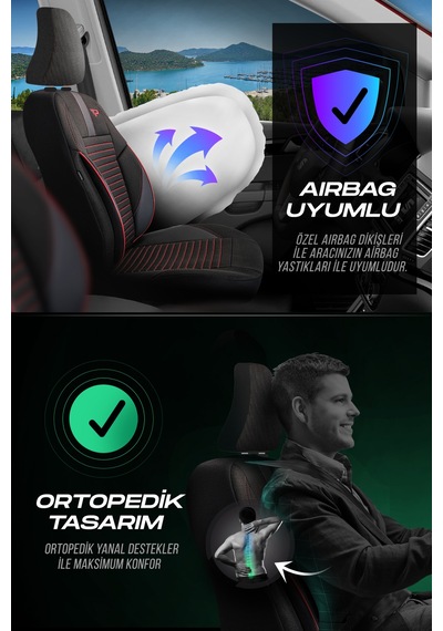 Siyah - Kırmızı Panda Detroit Serısı Keten Kumaş Oto Koltuk Kılıfı - Tam Set