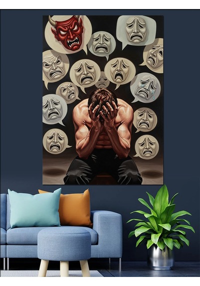 Ahşap Tablo Üzgün Yüz Ve Seytan Emojileri İçindeki Adam