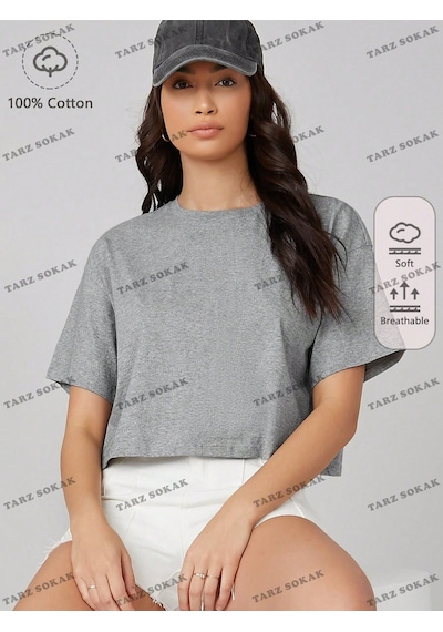 Flood Of Style Crop Ckod-232913 Pamuk Damla Omuz Düz Kısa Gri