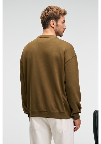 Grımelange CASPIAN Erkek %100 Pamuk Bisiklet Yaka Karyoka Dikişli Baskılı Haki Sweatshirt