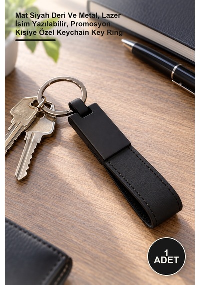 1 Adet Deri Metal Anahtarlık Mat Siyah Deri Ve Metal, Lazer İsim Yazılabilir, Promosyon Kişiye Özel Keychain Key Ring