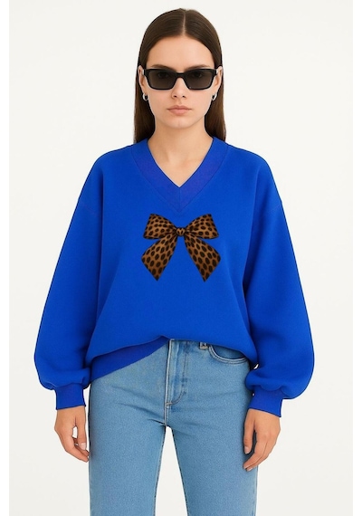 Benroma Kurdela Baskılı Ünisex V Yaka Sweatshirt Saks Mavisi