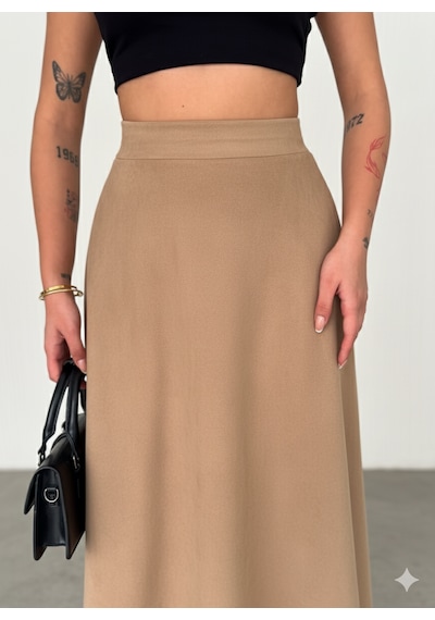 Ozy Fashion Kadın Süet Kloş Etek Açık Kahverengi