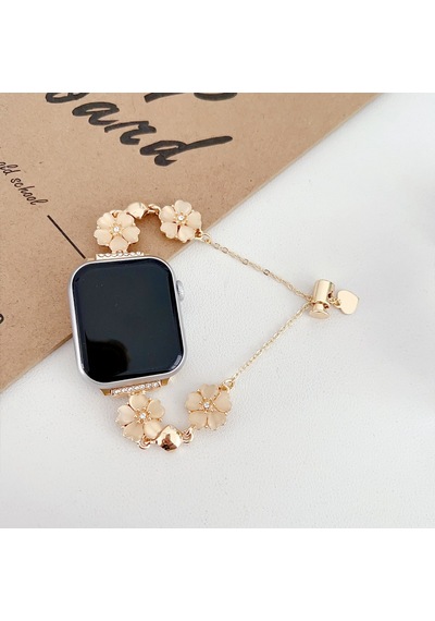 Apple Uyumlu  Watch Seri 4 5 6 7 8 9 10 44-45-46mm Çiçekli Ve Kalp Zincir Detaylı Bileklik Tasarım Kordon