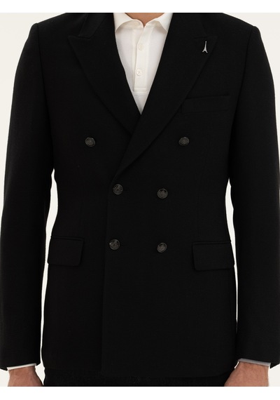 Cacharel Siyah Slim Fit Yün Karışımlı Kruvaze Ceket