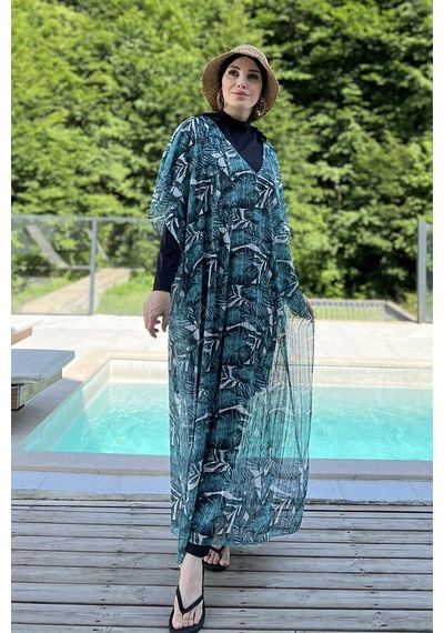 Remsa Tesettür Mayo Üzerine Triko Örme Tek Kaftan Pareo 430-t12 Çizgi Yaprak Ekru