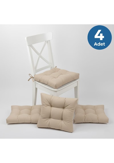 Altınpamuk 4'lü Lüx Gold Pofidik Bej Sandalye Minderi Özel Dikişli Bağcıklı 40x40cm Bej