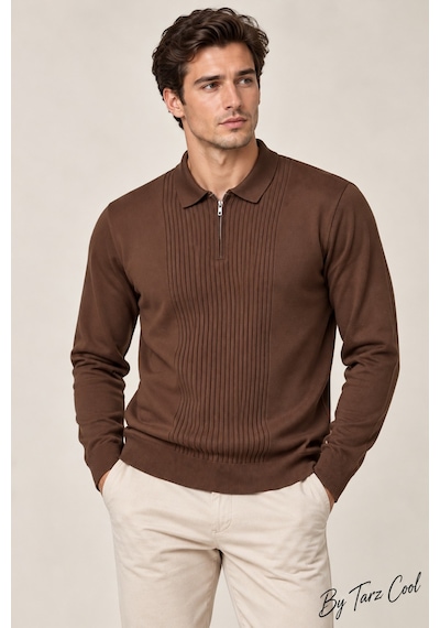 Erkek Polo Yaka Yarım Fermuarlı Önü Fitilli Slim Fit Akrilik Pamuk Triko Kazak Kahverengi