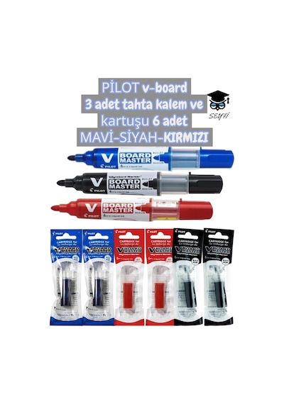 Pilot V-board 3 Adet Tahta Kalem Ve Kartuşu 6 Adet Mavi-siyah-kırmızı Çok Renkli