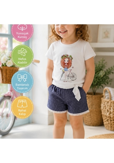 Candar 1-2-3 Yaş Kız Bebek 3'lü Takım Bisikletli Kız Baskılı Kısa Kollu Tişört, Kot Desenli Şort Ve Banda Lacivert