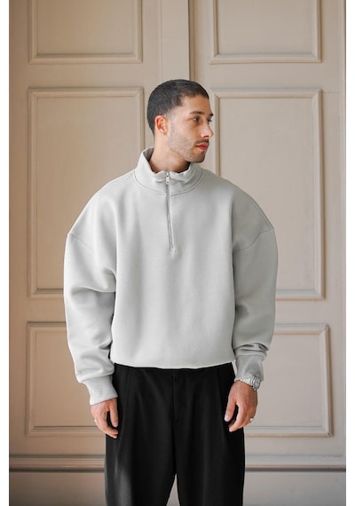 Gri Cozy Basic Yarım Fermuar Oversize Sweatshirt Gri