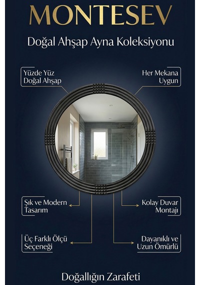 Safir Siyah Dekoratif Ayna Yuvarlak Işlemeli Duvar Aynası 56 Cm