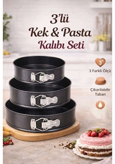 3 Lü Kelepçeli Kek Kalıbı Seti Çıkarılabilir Tabanlı, Yapışmaz Kaplama, Dayanıklı Siyah