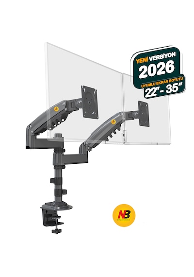 North Bayou Nb-h180 Çift Kollu Amortisörlü Monitör Standı 22"-32" / Kol Başı 12 Kg - 360 Hareketli Profesyonel Ağır Hizmet Masa Askı Aparatı