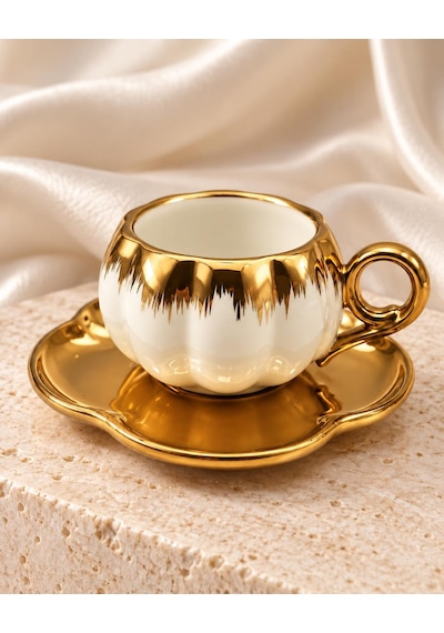 Valkyrie 6 Kişilik Beyaz Gold Balkabağı Model Türk Kahvesi Fincan Takımı 12 Parça 80 Ml Çeyizlik Byz