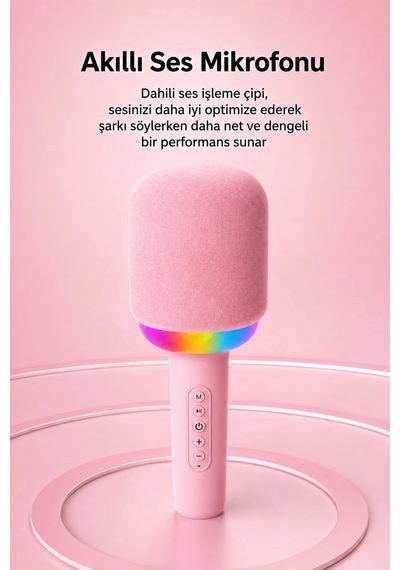 Exenar - Pembe - Kablosuz Bluetooth Karaoke Mikrofonu 5w Rgb Işıklı Taşınabilir Kablosuz Mikrofon Şarjlı 1200 Mah