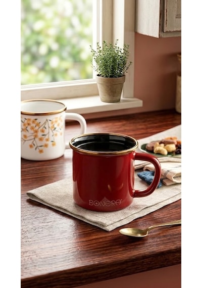 Emaye Kupa Bardak 550 Ml Kırmızı - Mug Beyaz