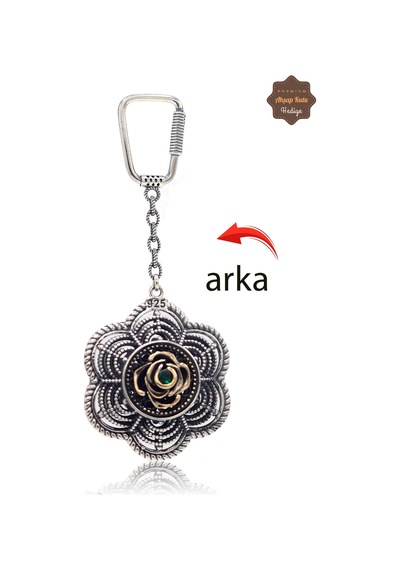 Yakut Ve Zümrüt Taşlı Gül Model Çift Taraflı Oksitli Gümüş Telkari Anahtarlık 201025185 Gümüş