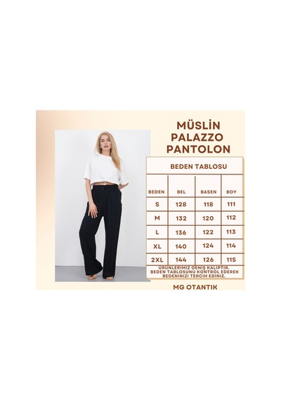 The Voler Müslin Palazzo Pantolon Kadın Yazlık Bol Paça Salaş Rahat Lastikli Bel Cepli Günlük Şık Pantolon Siyah
