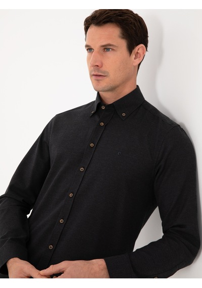 Cacharel Siyah Slim Fit %100 Pamuk Yakası Düğmeli Flanel Gömlek