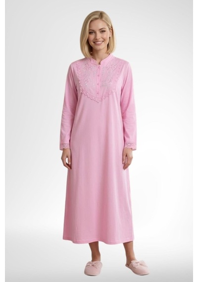 Mecit Pijama Mecit 6376 Pembe Kadın %100 Pamuk Uzun Kollu Gecelik