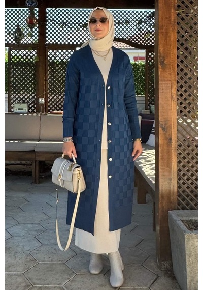 Rabia Şamlı Dama Desenli Triko Hırka İndigo Normal