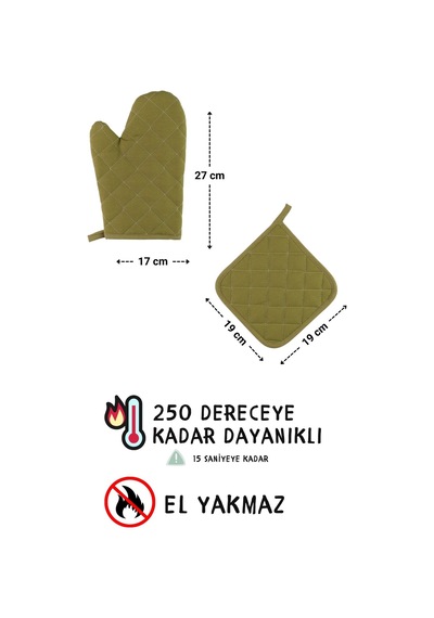 Simple 3lü Set Ayar Askılı Mutfak Önlüğü Seti Eldiven, Tutacak Fıstık Yeşili