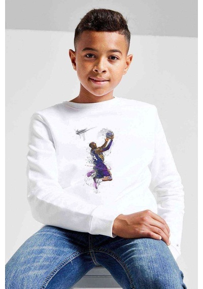 Tshirthane Basketci Basket Oyuncusu Baskılı Unisex Çocuk Beyaz Sweatshirt