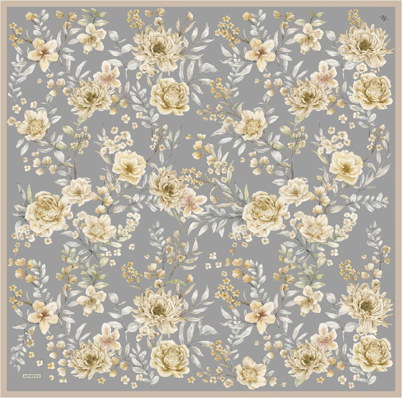 Armine Çiçek Desenli Saf İpek Twill Eşarp 9347d 52 Gri