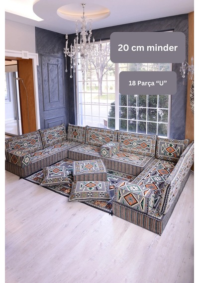 Otantik Şark Köşesi Takımı Gri Anadolu 18 Parça 20 Cm Süngerli Kilim Ve Puf Dahil Sedir Seti