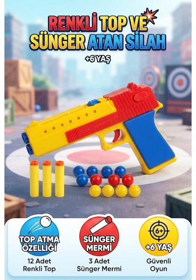 Renkli Ve Hızlı Desert Eagle 12 Renkli Top Ve 3 Sünger Mermili Oyuncak Tabanca Oyun Seti Çok Renkli