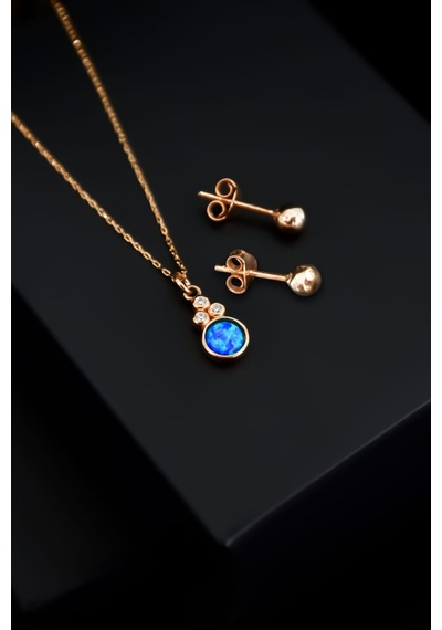 Papatya Silver 925 Ayar Gümüş Rose Kaplama Mavi Opal Yuvarlak Kolye Çivili Top Küpe Set