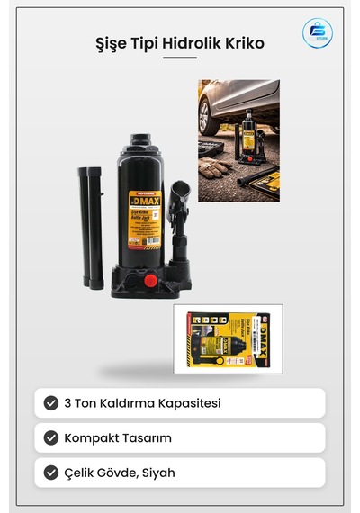 Şişe Tipi Hidrolik Kriko 3 Ton Oto Kaldırma Atölye Bakım Araç Siy
