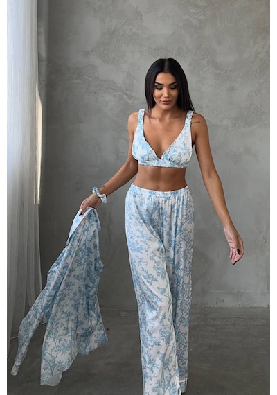 Mavi Kuş Dijital Baskılı Uzun Saten Üçlü Pijama L Beyaz - Açık Mavi