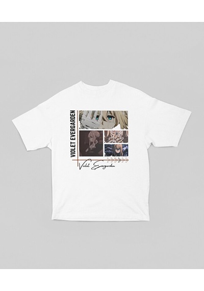 Sevbano Violet Evergarden Baskılı Unisex Oversize Anime Dizi Karakter Tiş Beyaz
