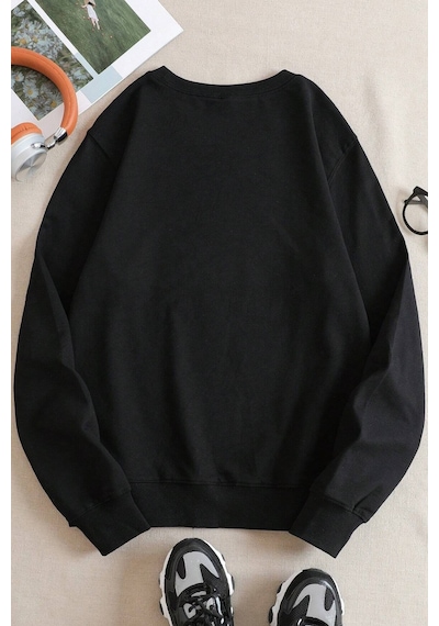 Unisex Uykucu Panda Baskılı Bisiklet Yaka Sweatshirt Siyah