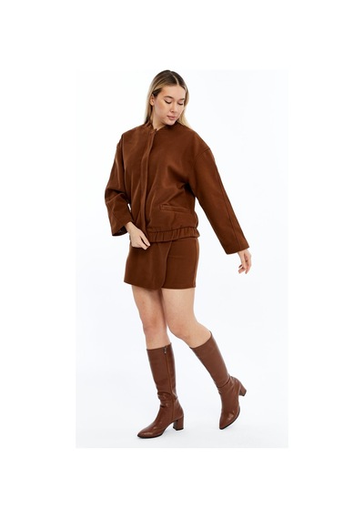Selectmoda Kadın Önü Bindirmeli Süet Mini Etek Kahverengi